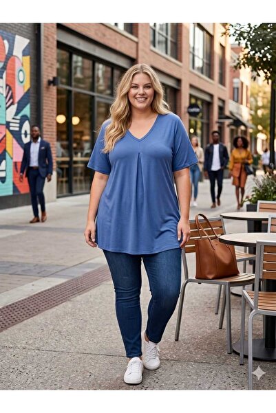 Asel Plus Size V-Neck Loose Fit Soft Buttoned Lycra Blouse