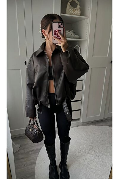 Ekim Store Δερμάτινο μπουφάν Bomber με ζώνη σε χαλαρή καφέ απόχρωση