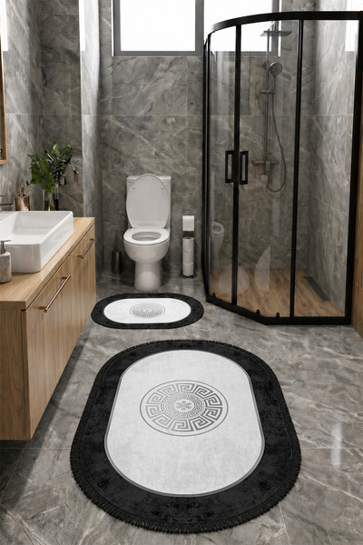 Delipoyraz Tekstil Greek Desenli Lüks 2'li Banyo Paspas Takımı Kaymaz Taban M...