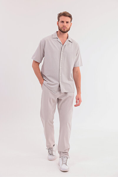 blayn jeans Ανδρικό σετ από πέτρινο λινό, πουκάμισο και παντελόνι, σετ 2 τεμα...