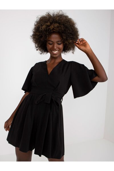 rue parıs Elegant Black Jumpsuit, Open Back, V-Neck, Drawstring Waist