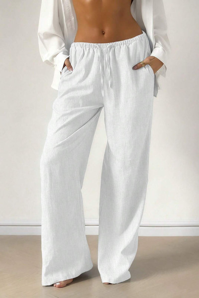 Hera Moda Women's White Linen Fabric High Waist Wide Leg Palazzo Trousers