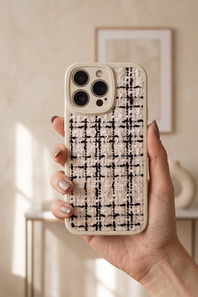 QUSCHU iPhone 15 Pro Compatible Stylish Silicone Phone Case with Tweed Fabric...