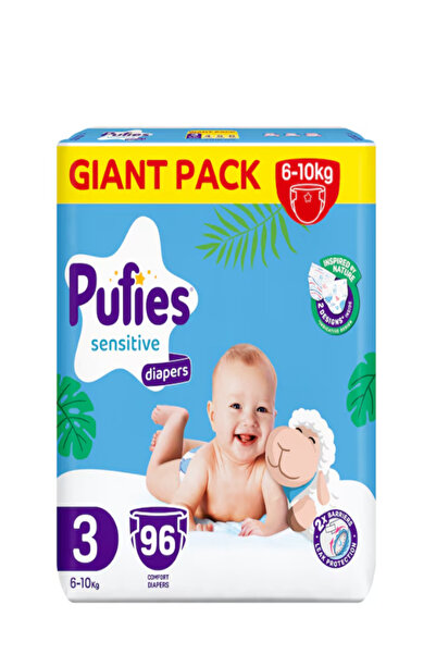 Pufies Ευαίσθητες Πάνες, Μέγεθος 3 Midi, 96 τεμάχια, 6-10 κιλά, Γιγάντια συσκ...