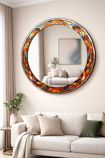 Decorita Dekor Camı ve Ayna | Renkli Vitray Desenli Yuvarlak Dekoratif Ayna |...