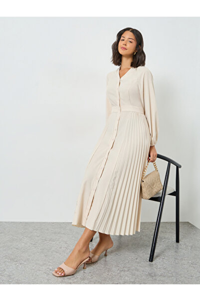 Styli Beige Pleated V Neck Midi Dress