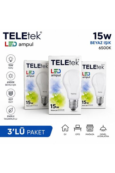 Teletek 15W LED AMPUL 3'LÜ PAKET BEYAZ IŞIK