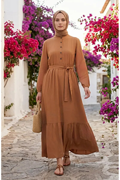 sefamerve Hakim Collar Belted Viscose Dress 4077-05 Milk Coffee