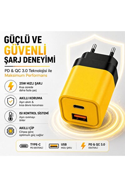 SMAYLİNG 25W Hızlı Şarj Adaptörü + Type-C to Type-C Kablo Seti | PD & QC 3.0 Destekli | USB + Type-C Çift Giriş | Akıllı Koruma | Hızlı Şarj Aleti