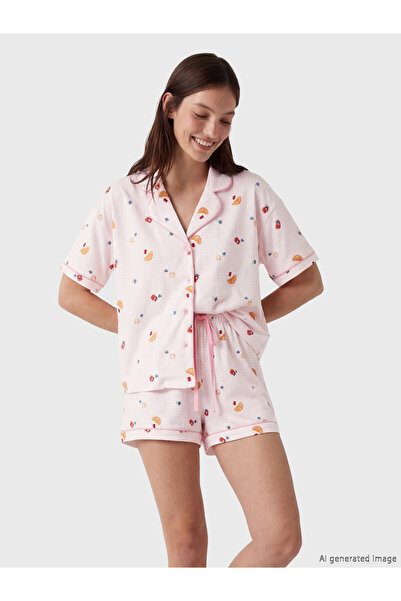 LC Waikiki Set de pijamale de damă scurt, imprimat, cu guler.