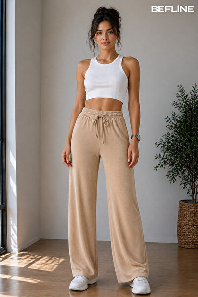 LAVİNİM Bürümcük Fabric High Waist Elastic Waist Loose Palazzo Trousers