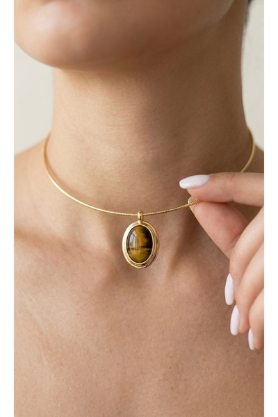Glowisters Jewelry Kadın Gold Kaplan Gözü Taşlı Choker Kolye - Oval Doğal Taş...