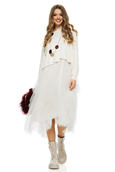 Fofy Compleu dama elegant crem cu angora pulover cu funda la spate si fusta d...