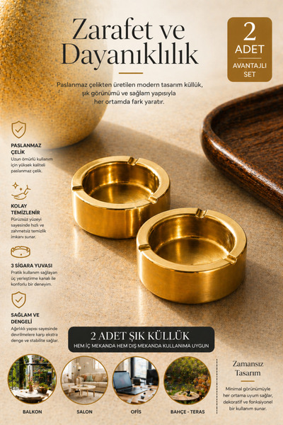 DİVAYS 2’li Gold Metal Küllük Seti Paslanmaz Çelik Şık Tasarım Dekoratif Masa...