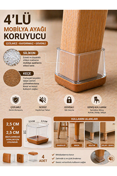 EUROLUXE 4’lü Silikon Keçeli Mobilya Ayak Koruyucu 2.5 cm Sandalye Masa Çizil...