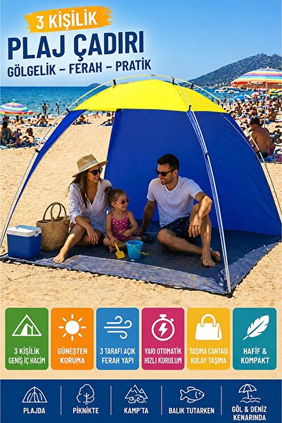 TOYFEST Mavi - Plaj Çadırı Tentesi 200x170x150 cm Yarı Otomatik Gölgelik Kamp...