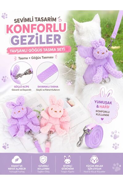 HAYHAYPETSHOP Tavşanlı Göğüs Tasması Seti Kedi & Küçük Köpek Yumuşak Peluş Se...