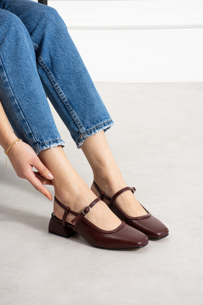Suuet Lofi Women's Heeled Ankle Strap Thick Heeled Ballerina Leather Shoes