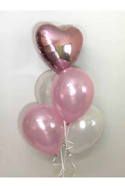 Parti Zamanı Rose Gold Kalp Folyo Ve Metalik Pembe Beyaz Balon Seti - Doğum G...