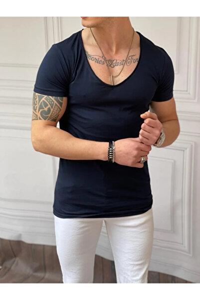 MODEFENDİ Tricou din bumbac cu croială slim și decolteu adânc deschis