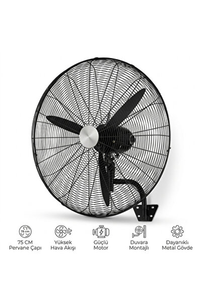 SeckinStore D750 210W 30 inç Siyah Alüminyum 3 Kanatlı Sanayi Tipi Duvar Vant...