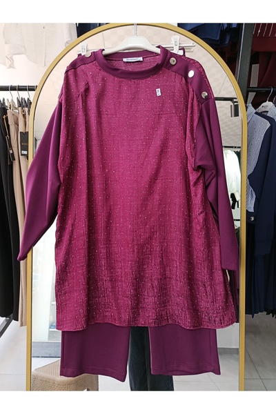 Butik Taşlı Omuz Düğmeli İkili Takım
