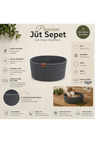 Fabrix Home 3-Piece Round Decorative Cotton Basket Set Anthracite Multi-Purpo...