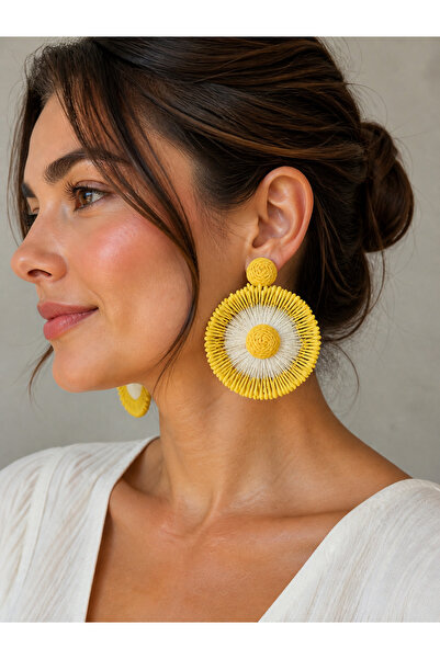 synshop Yellow Zarax Model Women's Flower Earrings Straw Large Size Summer Bo...