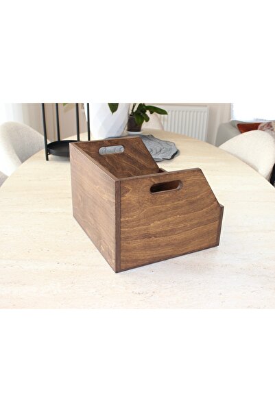 Limon Dekor Doğal Ahşap LP Plak Sandığı 12" Koyu Ceviz Rengi - Organizer Kutu - Natural Wooden LP Record Box 12"