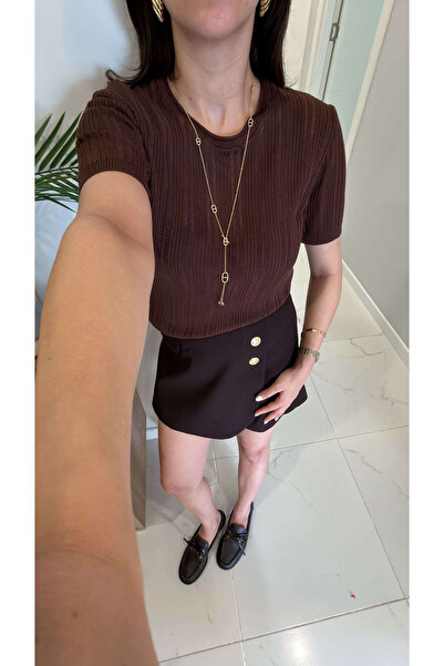 BİRCANÇİL Mullda Brown Short Sleeve Openwork Knitwear