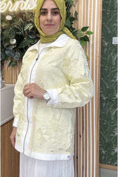 Sernisa Moda Kabartmalı Çiçek Desenli jakarlı Fermuarlı Ceket