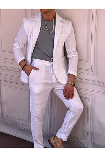 MODEFENDİ Costum cu pantaloni din țesătură încrețită și jachetă din in