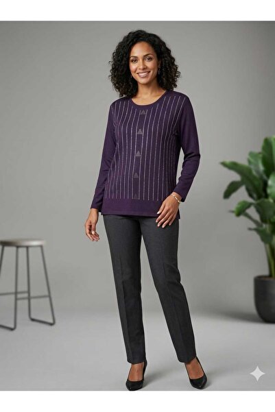 Uludağ Triko Anne Combed Cotton Comfortable Fit Crew Neck Stone Embroidered
