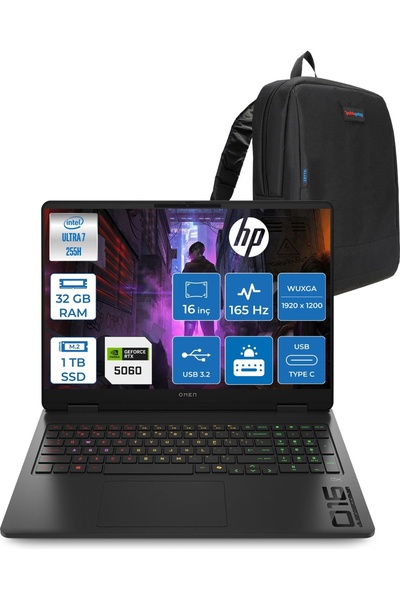 HP Omen Slim Gaming Intel Ultra7 255H Aı 32GB Ddr5 1tb SSD Rtx™ 5060/8GB 16"2...