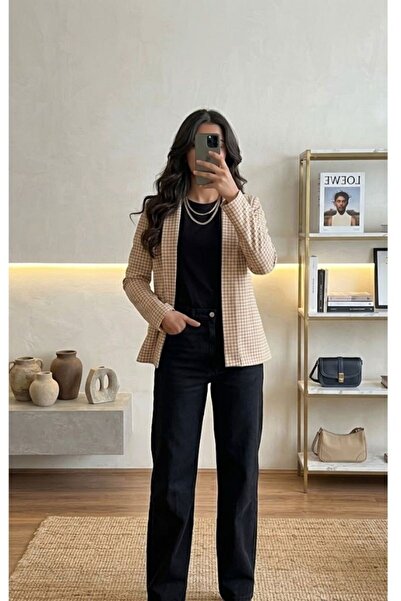 MODA GLORY Kadın Kare Ekose Desenli Cepsiz Ceket