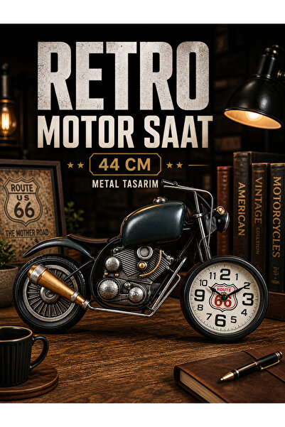 Retro Metal Motor Saat 44 Cm Dekoratif Masa Saati Route 66 Vintage Tasarım Büyük Boy