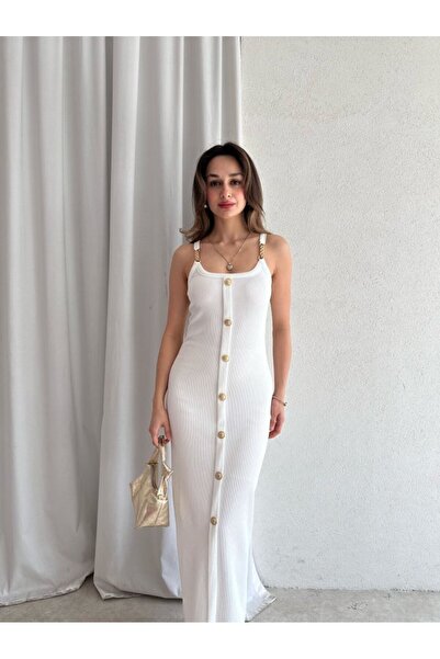 Klex Zincir Askılı Önü Düğmeli Fitilli Maxi Elbise 5072