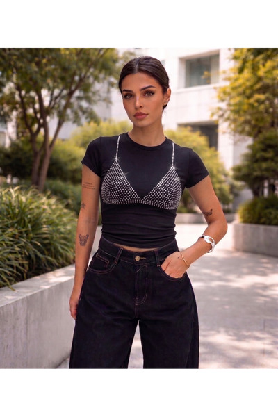 Mayer Butik Tricou crop pentru femei, cu imprimeu cu piatră de cristal sudic,...