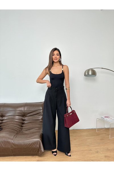 QUASAR Fashion New Season Double Buttoned Double Lace-Up Elastic Back Flexible Woven Fabric Loose Leg Wide Leg Palazzo Pants