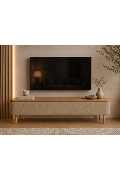 own home Sarven Sandıklı TV Ünitesi, Teddy Kumaş Kaplamalı Ahşap Ayaklı Moder...
