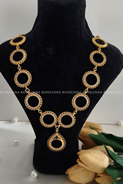 ROSELİNNA 11 Çeyrekli Yeşil Taşlı Burgu Zincirli Kolye, Altın Kaplama Çeyrekl...