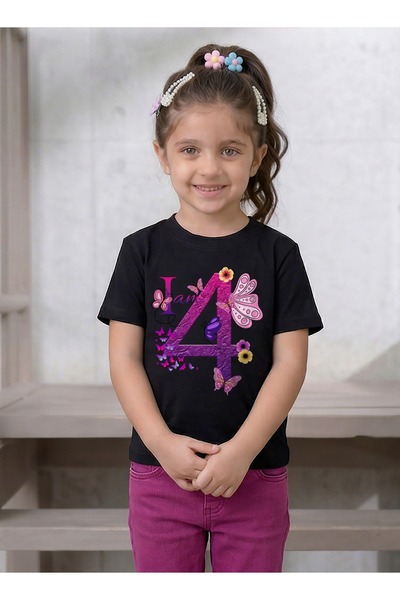 Funkaar Birthday Girl, 4th Year Butterfly Birthday Graphic Print T-Shirt