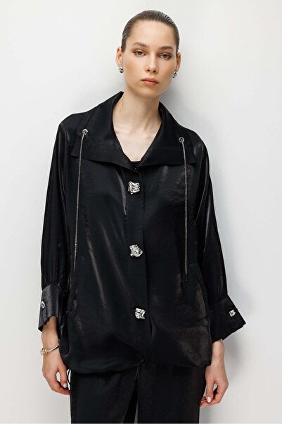 Moda İlgi Modailgi Etek Ucu Büzgülü Geniş Yaka Oversize Tunik - 40112 Siyah