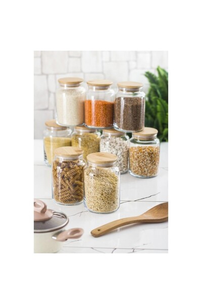 OSKA GLOBAL Set of 9 Bamboo Lid Glass Jar & Food Storage Container 800 ml Med...