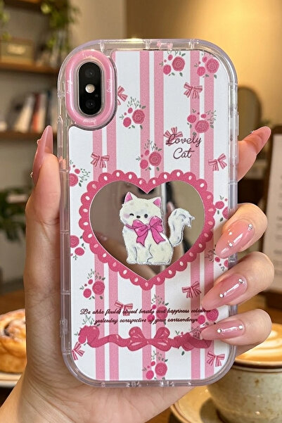 Nezih Case iPhone XS MAX Uyumlu Premium Pembe Kedi ve Fiyonk Desenli Aynalı T...