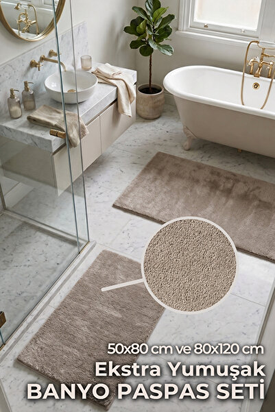 AGKHOME Queen 2’li Banyo Paspası Seti Bej 50x80 80x120 cm Kaymaz Taban Yumuşa...