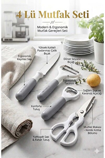Funny Life 4 Parça Ergonomik Mutfak Seti - Çelik Mutfak Makası, Soyacak, Şişe...