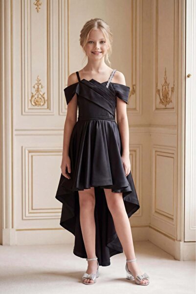 BUTİKHAPPYKİDS Girl's Black Evening Dress with Tail, Satin Dress, Off-Shoulde...