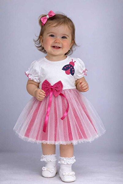 neocotton Tüllü Astarlı Uğur Böcekli Kız Bebek Çocuk Kısa Kollu Elbise