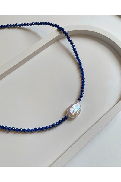 AYER TAKI Doğal Lapis Lazuli Taşı Faset Kesim barok inci detaylı kolye